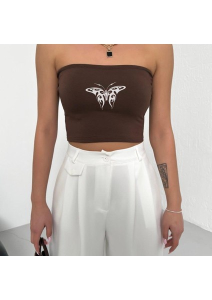 Butterfly Baskılı Likralı Pamuklu Penye Straplez