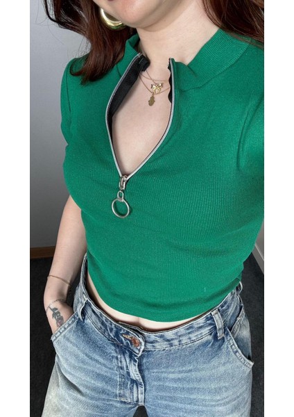 Zip Detay Fitilli Crop Bluz