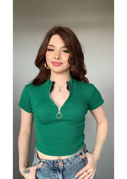 Zip Detay Fitilli Crop Bluz modelleri