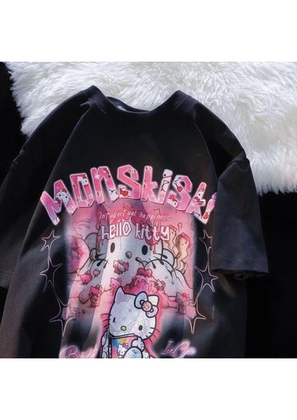Gothic Hello Kitty Baskılı Oversize T-Shirt modelleri