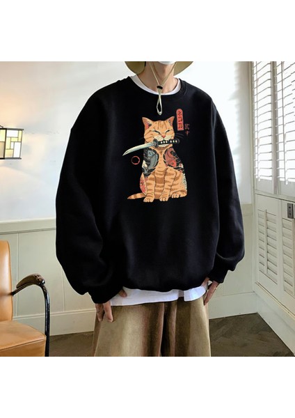 Harajuku Ninaja Cat Baskılı Siyah Unisex Oversize Bisiklet Yaka Sweatshirt
