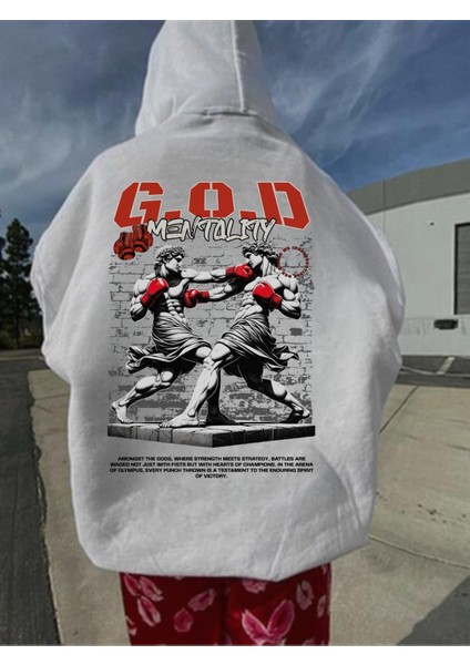 G.o.d Baskılı Beyaz Kapşonlu Sweatshirt
