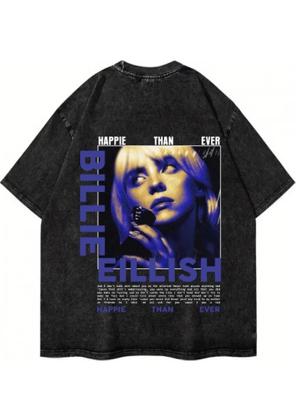 Yıkamalı Billie Eilish Baskılı Oversize Vintage T-Shirt