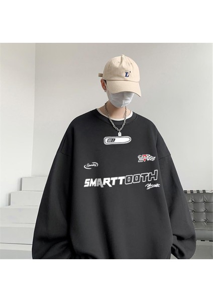 Smarttooth Baskılı Siyah Unisex Oversize Bisiklet Yaka Sweatshirt