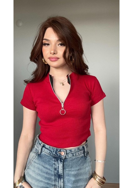 Zip Detay Fitilli Crop Bluz