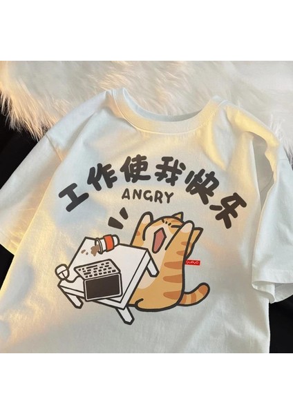 Angry Cat Unisex Oversize Beyazt-Shirt