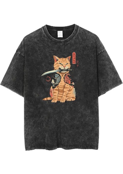 Yıkamalı Killer Cat Eskitme T-Shirt