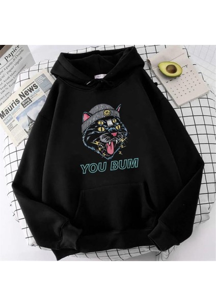 You Bum Cat Baskılı Siyah Unisex Oversize Kapüşonlu Sweatshirt