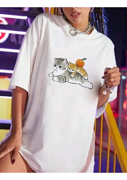Cats & Orange Beyaz Unisex Oversize T-Shirt