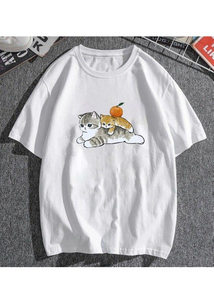 Cats & Orange Beyaz Unisex Oversize T-Shirt