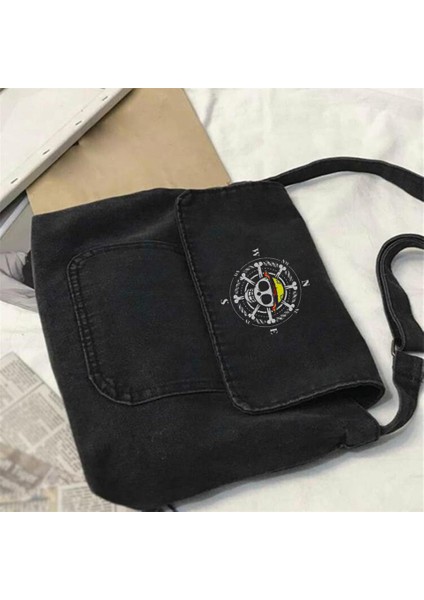 Skull Compass Baskılı Vintage Unisex Gri Kot Postacı Çantası