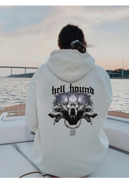 Hell Hound Baskılı Beyaz Kapşonlu Sweatshirt