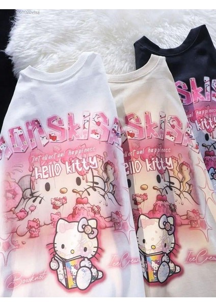 Gothic Hello Kitty Baskılı Oversize T-Shirt fırsatları