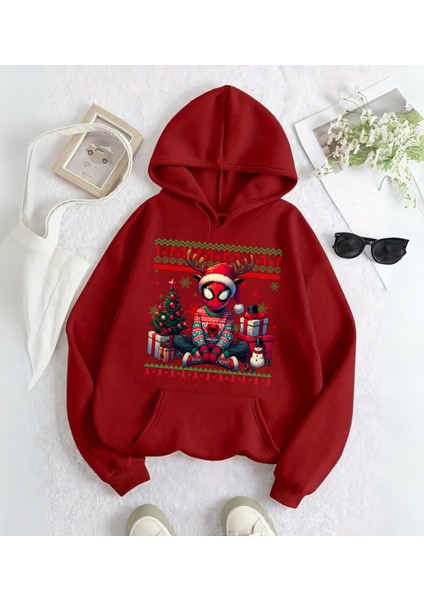 Spider Man Merry Christmas Baskılı Kapşonlu Sweatshirt