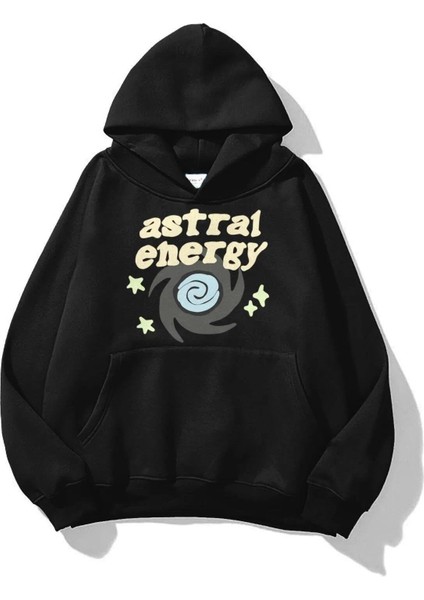 Astral Energy Baskılı Siyah Kapşonlu Sweatshirt
