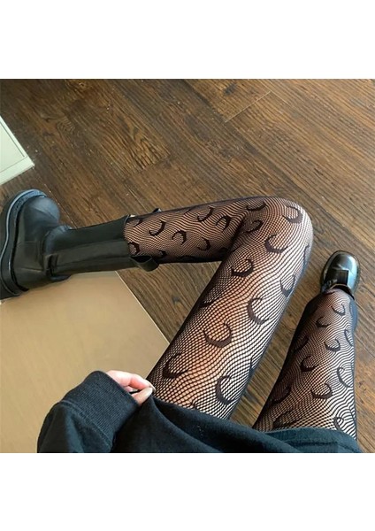 Punk Gothic Lolita Ay Desenli Ithal Fileli Külotlu Çorap