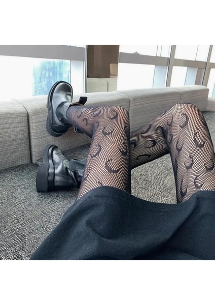 Punk Gothic Lolita Ay Desenli Ithal Fileli Külotlu Çorap