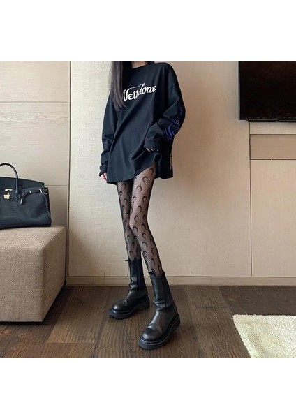 Punk Gothic Lolita Ay Desenli Ithal Fileli Külotlu Çorap