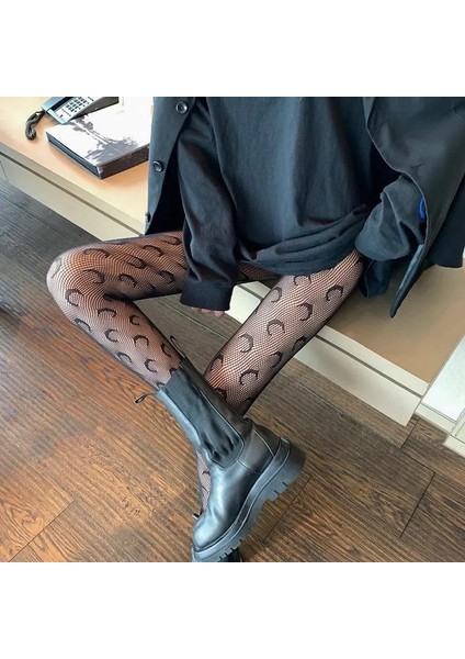Punk Gothic Lolita Ay Desenli Ithal Fileli Külotlu Çorap