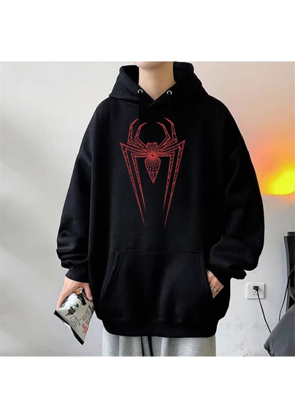 Spider Web Baskılı Unisex Oversize Hoodie