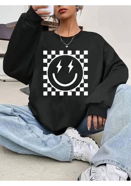Dama Desen Smile Baskılı Siyah Unisex Oversize Bisiklet Yaka Sweatshirt