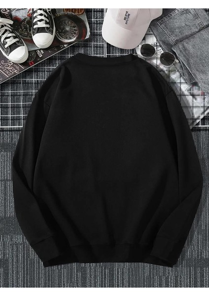 Dama Desen Smile Baskılı Siyah Unisex Oversize Bisiklet Yaka Sweatshirt