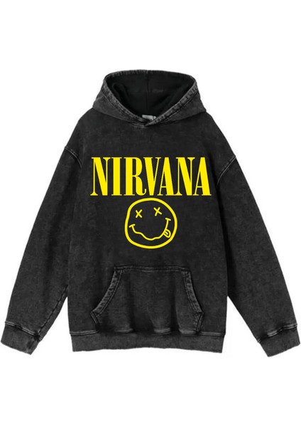 Yıkamalı Kumaş Rock Serisi Nirvana Kapüşonlu Hoodie Sweatshirt