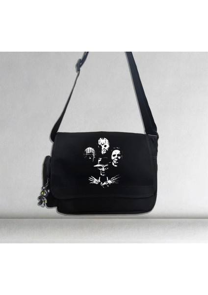 Halloween Bad Faces Baskılı Unisex Siyah Postacı Çantası