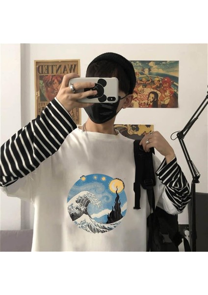 Kanagawa Oki Nami Ura Baskılı Fake Sleeves Unisex Beyaz T-Shirt