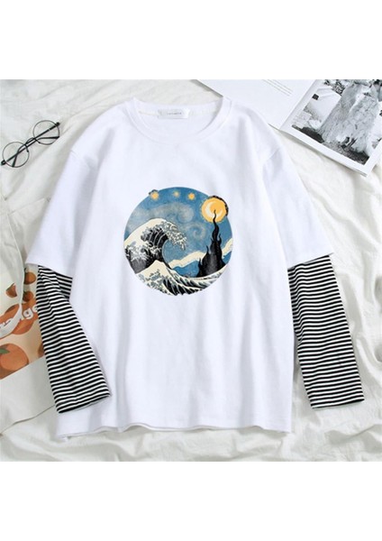 Kanagawa Oki Nami Ura Baskılı Fake Sleeves Unisex Beyaz T-Shirt