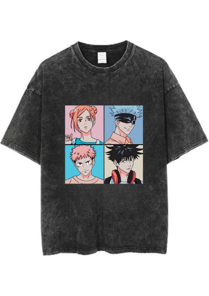 Yıkamalı Anime Jujutsu Kaisen Baskılı Oversize Vintage T-Shirt