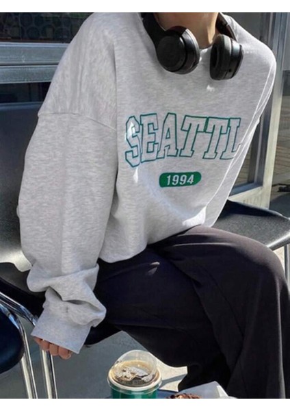 Seattle Baskılı Gri Unisex Oversize Bisiklet Yaka Sweatshirt