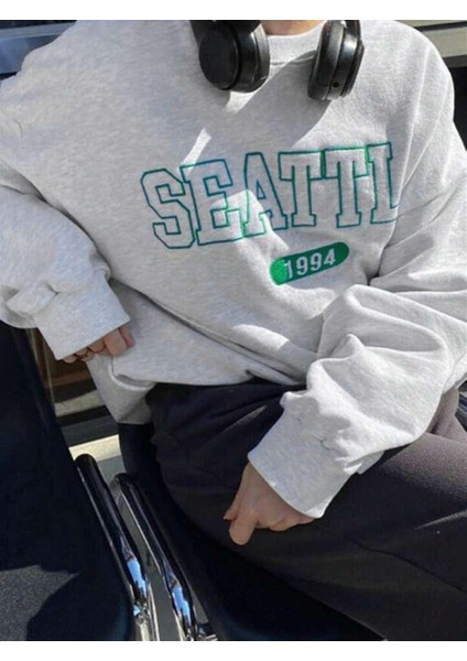 Seattle Baskılı Gri Unisex Oversize Bisiklet Yaka Sweatshirt