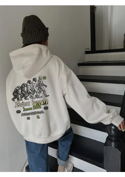 Evolution Baskılı Beyaz Kapşonlu Sweatshirt