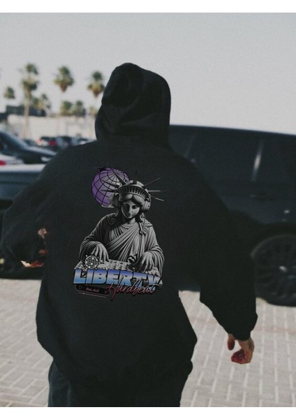 Liberty Baskılı Siyah Kapşonlu Sweatshirt