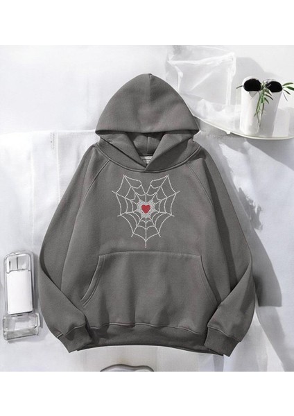 Spider Heart Taş Işleme Detail Baskılı Antrasit Kapşonlu Sweatshirt