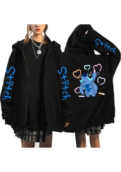 Stitch Baskılı Oversize Fermuarlı Siyah Unisex Kapüşonlu Hırka