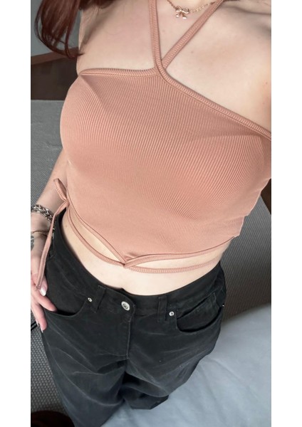 Çapraz Askılı Ribanalı Crop Bluz