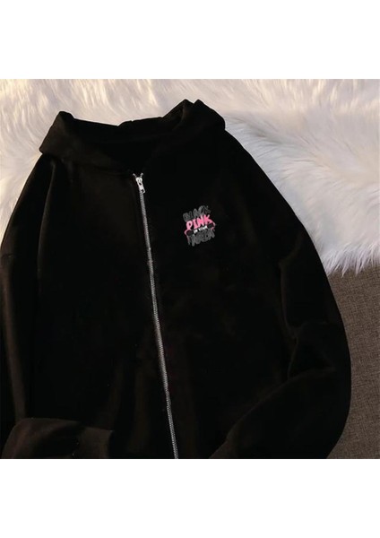 Black Pink Baskılı Oversize Fermuarlı Siyah Unisex Kapüşonlu Hırka fiyatları