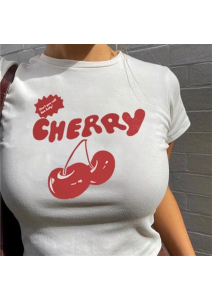 Cherry Baskılı Beyaz Crop