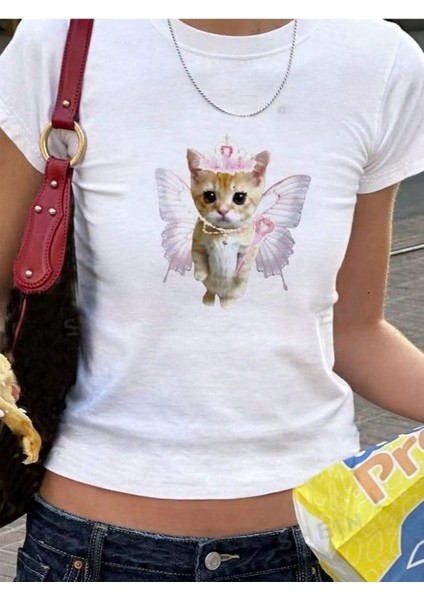 Kemer Boy Cute Cat Baskılı Crop Bluz