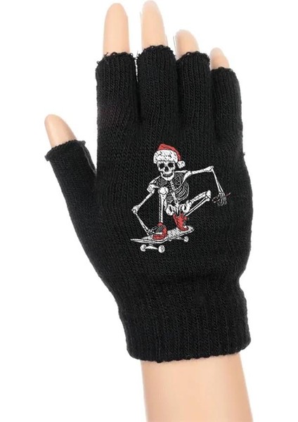 Skateboarder Skeleton Baskılı Unisex Siyah Kesik Çift Eldiven