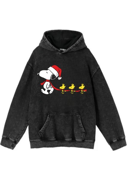 New Year Yıkamalı Snoopy Vintage Kapüşonlu Sweatshirt