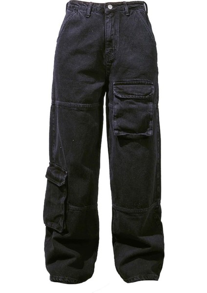Y2K Recycled Black Cargo Pocket Wıde Leg Jean
