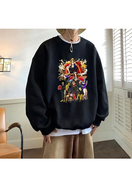 One Piece All Characters Baskılı Siyah Unisex Oversize Bisiklet Yaka Sweatshirt