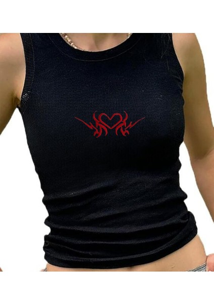 Gothic Love Nakışlı Siyah Halter Yaka Kaşkorse Crop Top