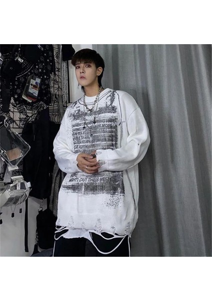 Touz Vintage Harajuku Graffiti Desenli Unisex Oversize Ecru Kazak fiyatları