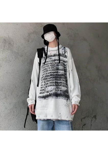 Touz Vintage Harajuku Graffiti Desenli Unisex Oversize Ecru Kazak modelleri