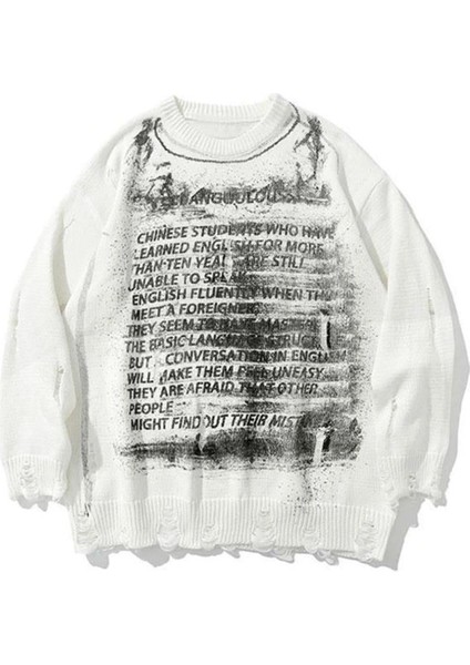 Touz Vintage Harajuku Graffiti Desenli Unisex Oversize Ecru Kazak fırsatları