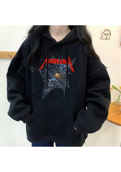 Metallica Baskılı Siyah Unisex Oversize Kapüşonlu Sweatshirt